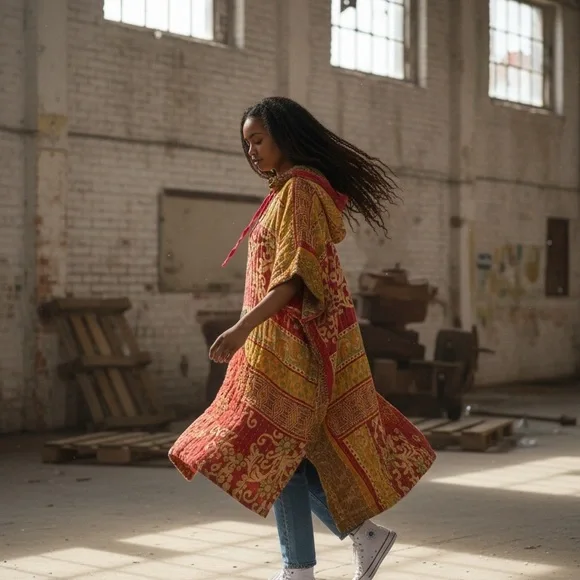 108 🌸 Hooded Poncho with pockets, handmade reversible OS - Picture 5 of 9